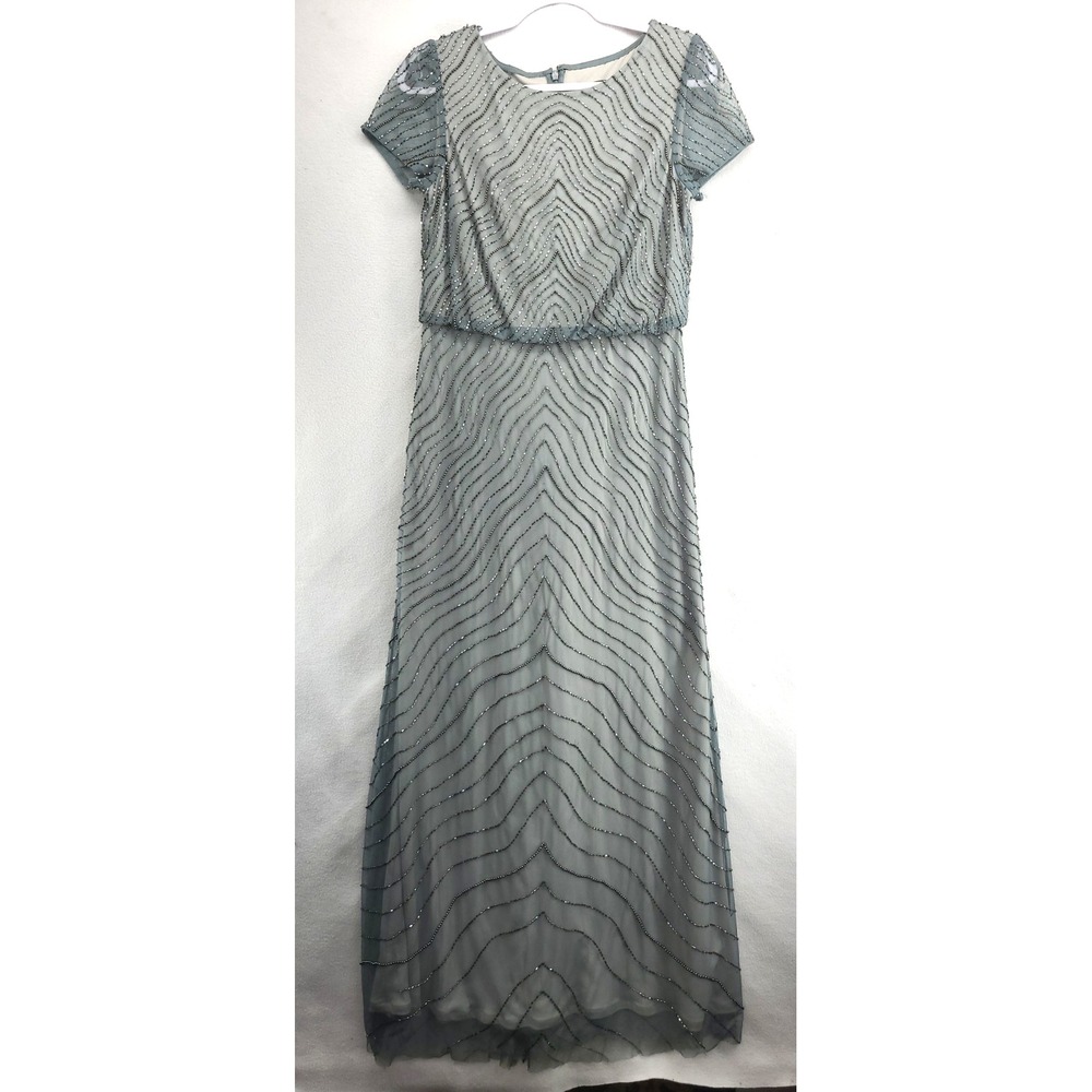 Adrianna Papell Beaded Dress Silver Gray Chiffon Blouson Sz 8 Maxi Elegant Party